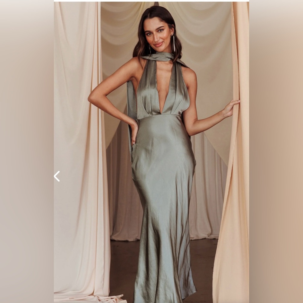 Saints & secrets olive formal halter maxi